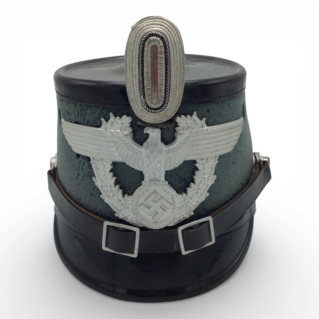 German WW2 Robert Lubstein Rural Police (Gendarmerie) Shako with NOWA 1939 Cockade: This original German WWII Rural Police (Gendarmerie) Shako is a highly desirable example of period police headgear, manufactured by the respected firm Robert Lubstein. The helmet features its correct