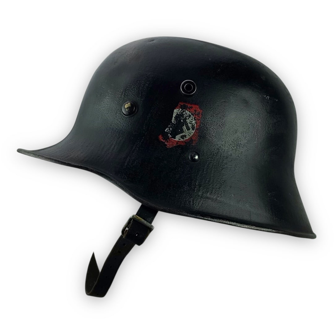 German SS Black M16 Transitional Helmet - Double Decal with SS-VT Stamped "S" Original Liner & Strap: This is a rare, premier example of a Transitional M16 German helmet, finished in wartime black with double SS decals, and bearing an early "S" stamp for SS-Verfügungstruppe (SS-VT), the precu