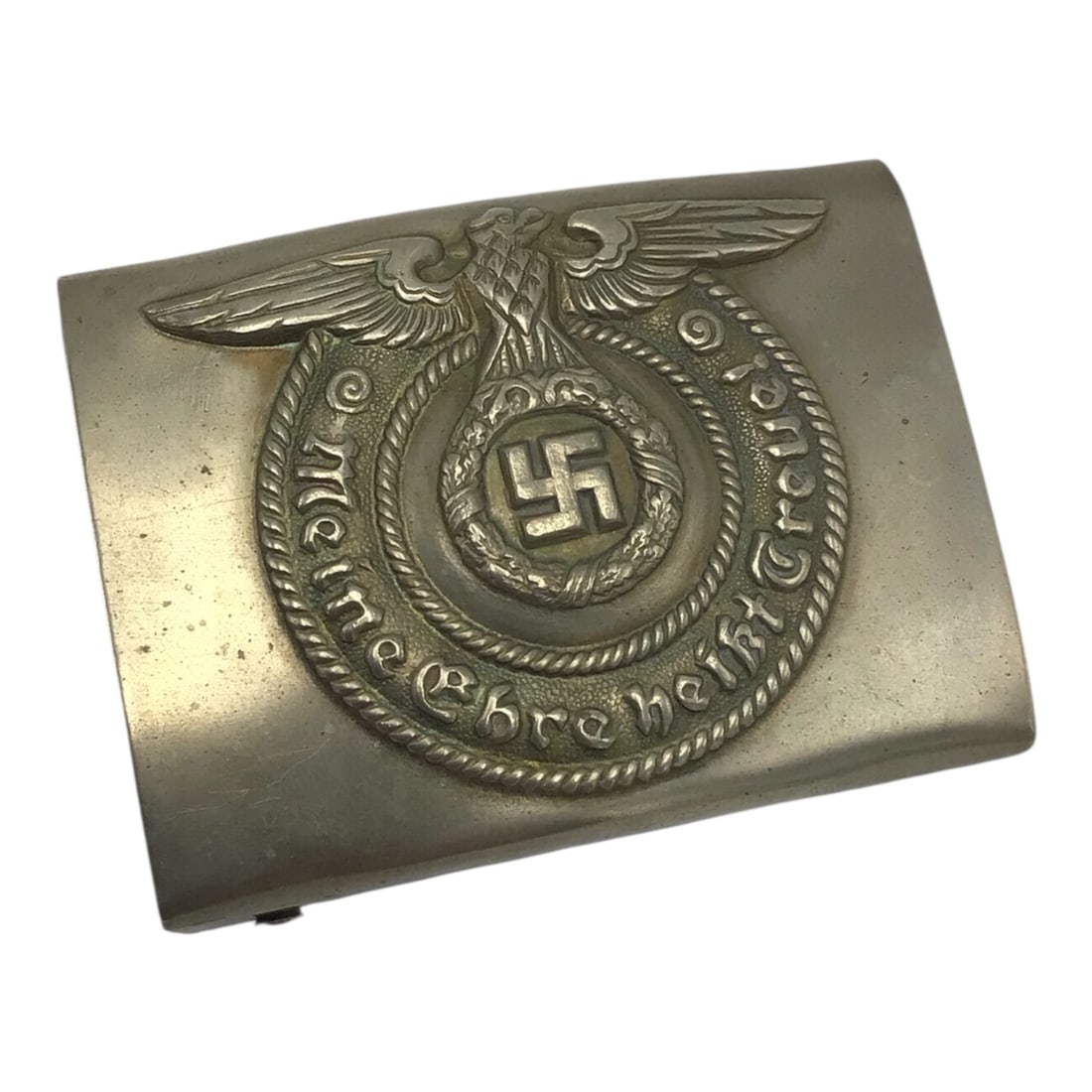 Waffen SS NCO Belt Buckle by Assmann A&S Veteran Bringback - Early German WW2: This exceptional early German WWII Waffen SS NCO belt buckle is a heavy, combat-used example manufactured by Assmann and marked "A&S". The buckle displays robust early-war construction and fine detail