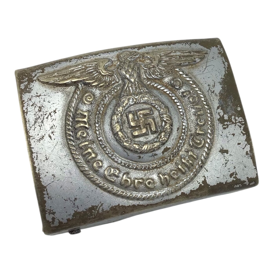 Early Waffen SS NCO Combat Worn Belt Buckle Veteran Bringback: This original German WWII early Waffen SS NCO belt buckle is a combat-worn example attributed as a veteran bringback. The buckle exhibits honest service wear consistent with frontline use, while retai