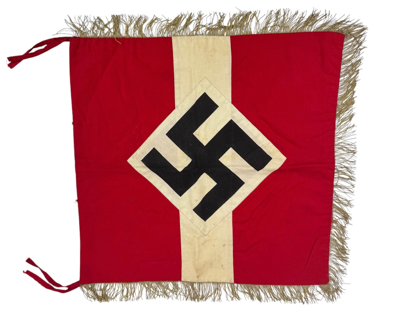 German WW2 Flag Hitler Youth (Jugend) Officer Level Trumpet Banner Flag: This is an early-war Hitler Youth Officer-Level Trumpet Banner Flag, a ceremonial piece used at high-ranking HJ events. The banner features double-sided multi-panel construction in red and white,