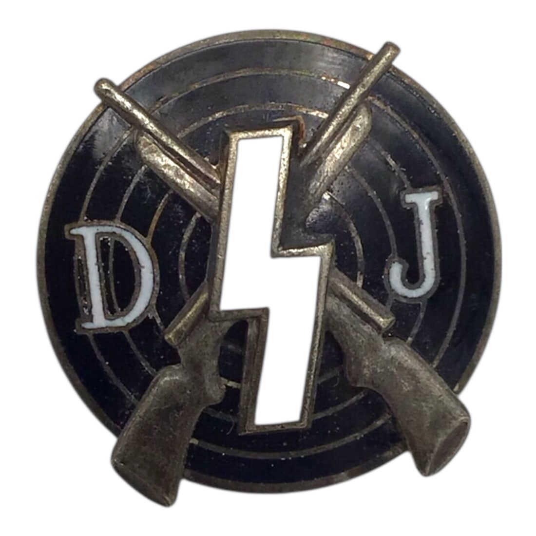 German Deutsches Jungvolk Shooting Award Badge by Petz & Koch RZM M1/123 - WW2: This original German WWII Deutsches Jungvolk shooting award badge is a genuine enamel example produced by Petz & Koch and marked with the RZM code M1/123. The convex alloy badge measures approximately