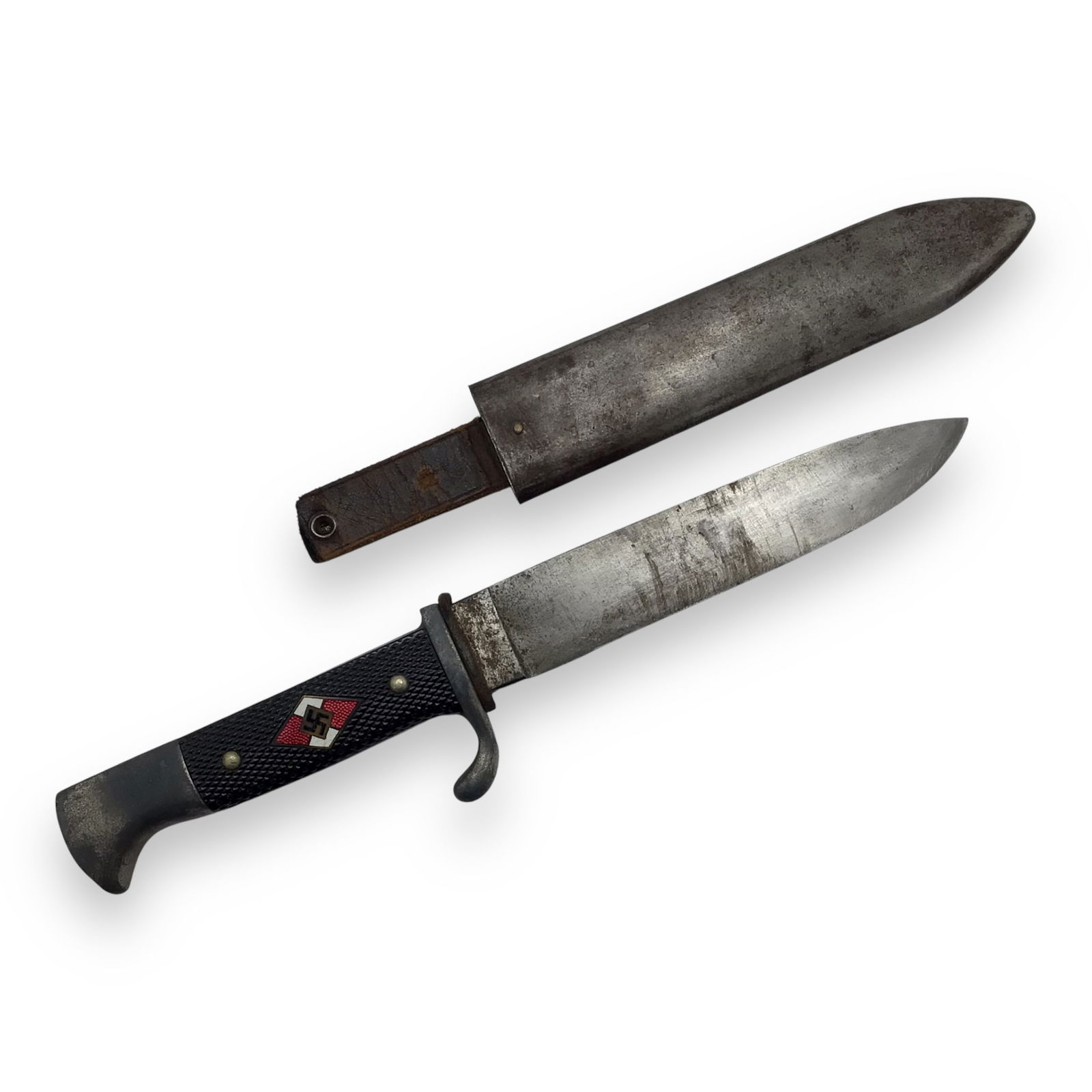 German WW2 Hitler Youth Knife with Sheath Maker Marked and Dated | RZM M7/72 1939 by Anton Karl Rob: A 1933 Model Hitlerjugend Fahrtenmesser (Hitler Youth Knife), stamped RZM M7/72 1939, by Anton Karl Rob Kaldenbach of Solingen-Grafrath. The ricassoed blade remains in excellent shape, with a shar