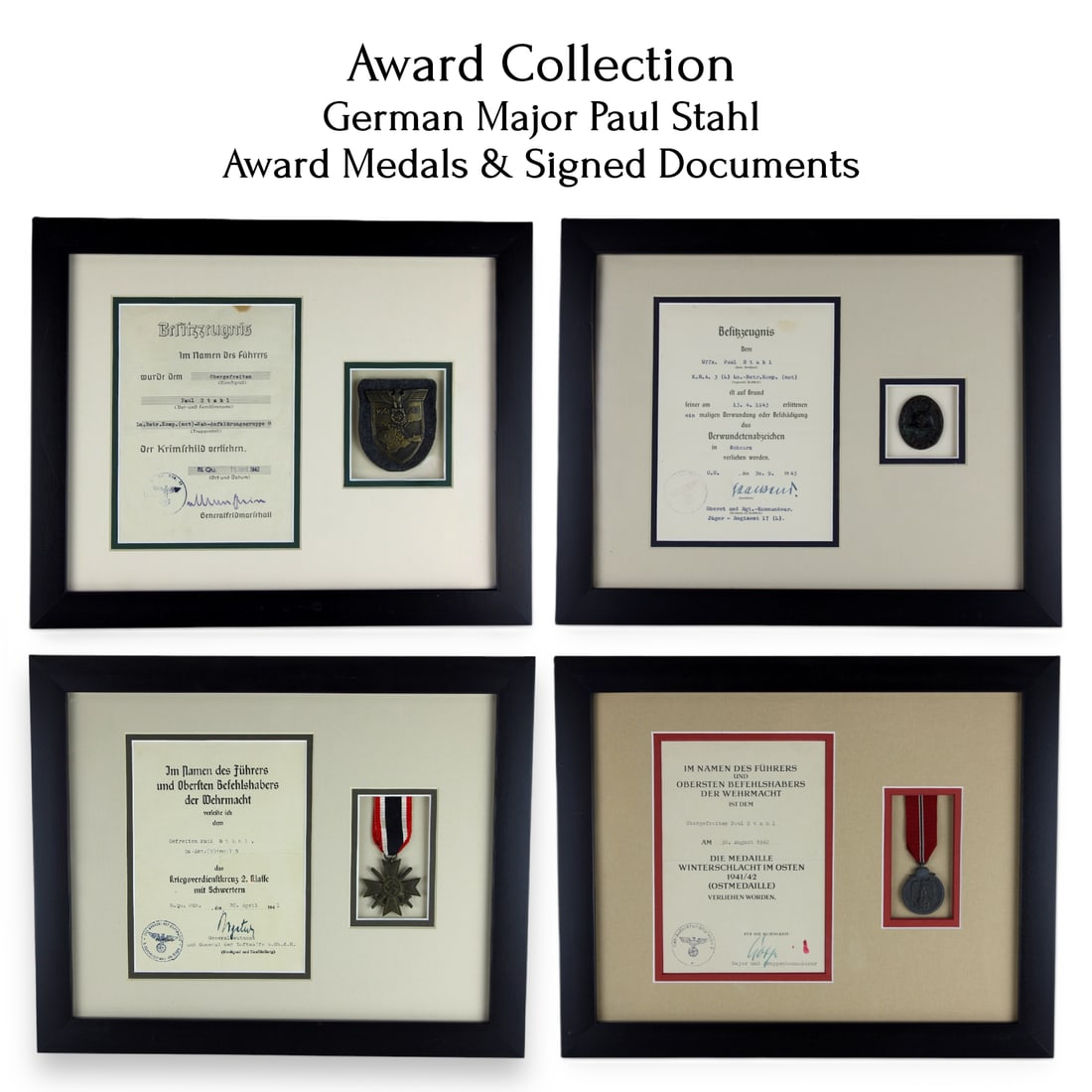 Four WW2 Signed Documents & Medals Awarded to German Officer Paul Stahl: This remarkable and rare grouping consists of four original German WW2 military medals each awarded to the same soldier, Paul Stahl, accompanied by their matching award documents, all profess
