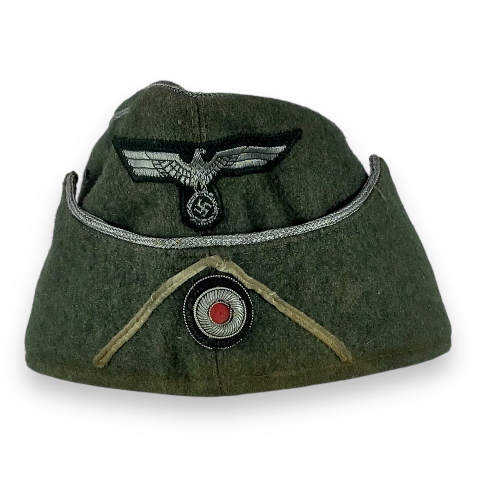 Army Heer Infantry Officer's M38 Overseas Cap (Feldmutze M38) with Soutache: A German WW2 Army (Heer) Infantry Officer's M38 Overseas Cap (Feldmütze M38) in high-quality field-grey doeskin wool. The cap retains its original machine-woven silver bullion national eagle