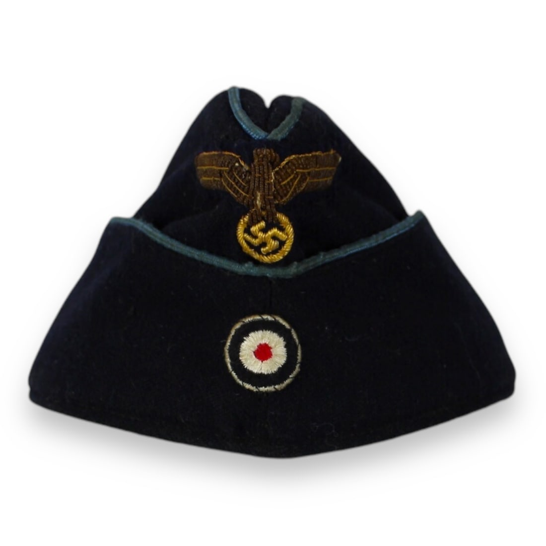 Rare German WW2 Kriegsmarine U-Boat Transport and Supply Unit M38 Officer Overseas Cap | RARE CAP!: A rare and highly desirable WWII Kriegsmarine U-Boat Transport and Supply Unit M38 officer overseas cap, constructed of dark navy-blue wool with correct light blue piping denoting transport and supply