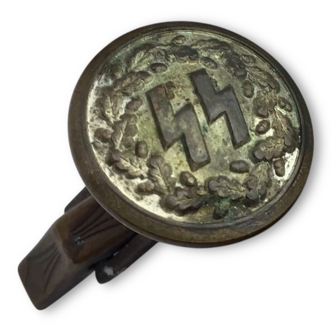 Rare German WW2 SS Officer's Cufflink | Veteran Bring-Back Personal Uniform Accessory: This authentic German World War II SS officer's cufflink is a scarce example of private-purchase uniform accoutrement, preserved as a documented U.S. veteran bring-back. Constructed of heavy silvered