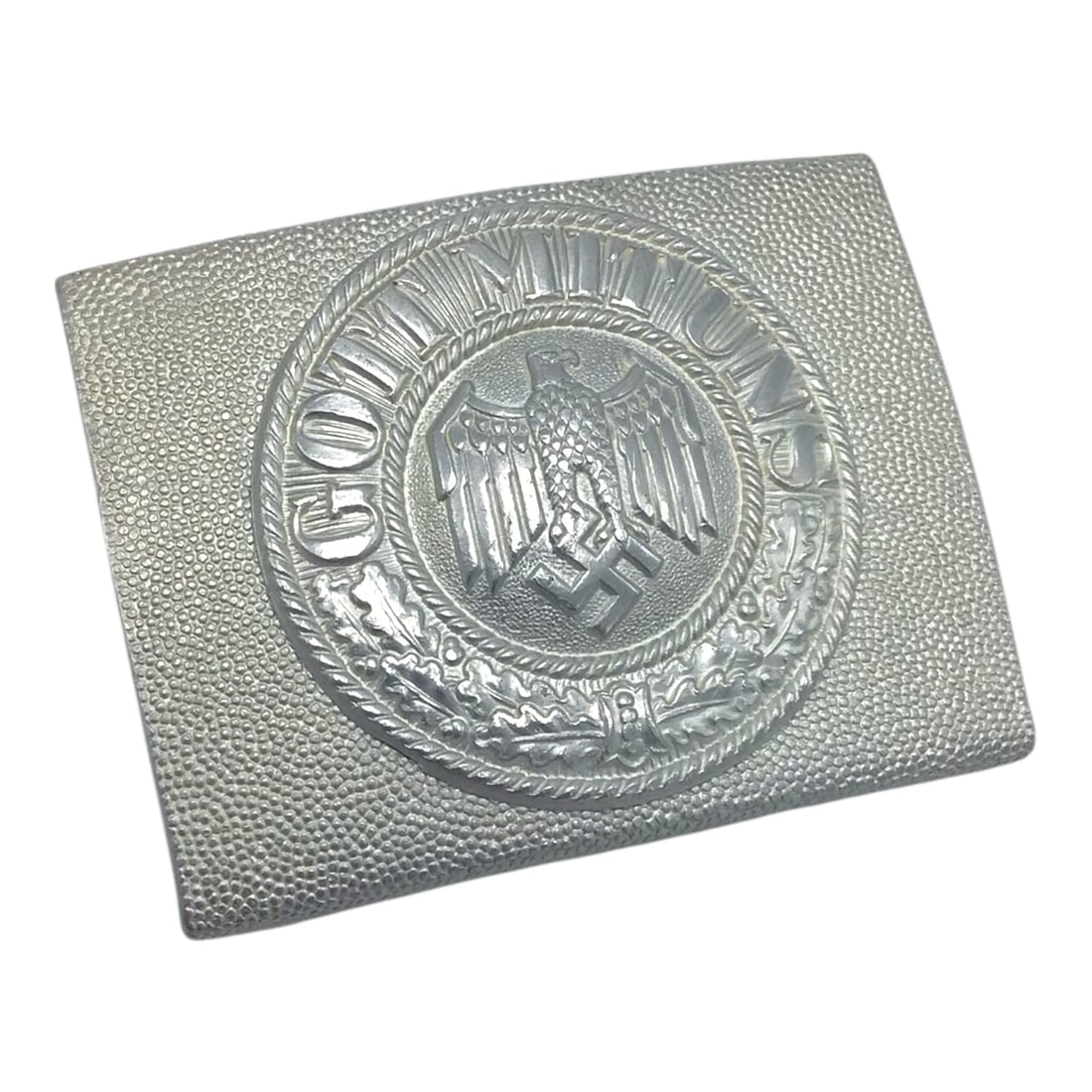 German Wehrmacht Army Aluminum Belt Buckle in Mint Condition: This German WWII Wehrmacht Army aluminum belt buckle is an exceptionally well-preserved example presented in fantastic condition. The buckle remains unmarked, as commonly encountered, and retains cris