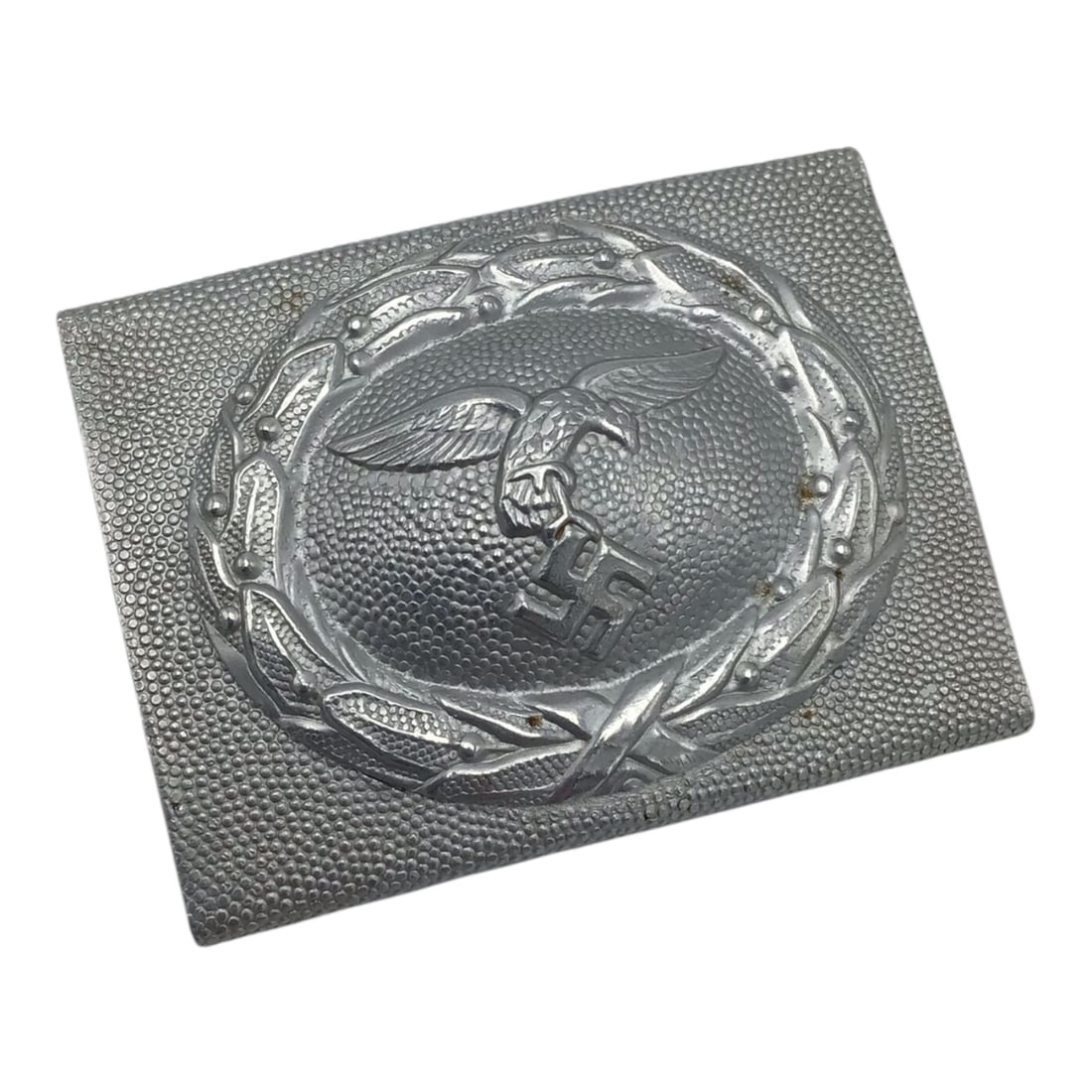 German Luftwaffe First Pattern Early 2-Piece Pebbled "Droop Tail" Eagle Belt Buckle -Mint Condition!: This striking German WWII Luftwaffe first pattern aluminum belt buckle features the iconic two-piece pebbled field with the early "droop tail" eagle design. The front of the buckle remains in fantasti