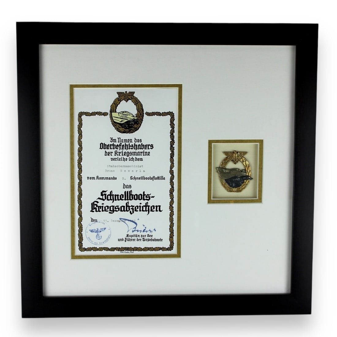 German Restored Fast Attack Craft War Badge & Award WW2 Document - Bruno Newerla - Framed and Matted: This meticulously restored German WW2 Fast Attack Craft War Badge is a remarkable piece of military history. Originally awarded to crew members of the Kriegsmarine's fast attack craft, this badge has