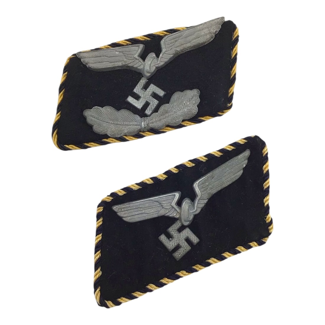 German Deutsche Reichsbahn Railway Workers Collar Tabs - Matching Set!: This original German WWII Deutsche Reichsbahn railway workers collar tab matching set consists of wool Kragenspiegel fitted with metal winged wheel devices mounted on dark blue to black wool backing,