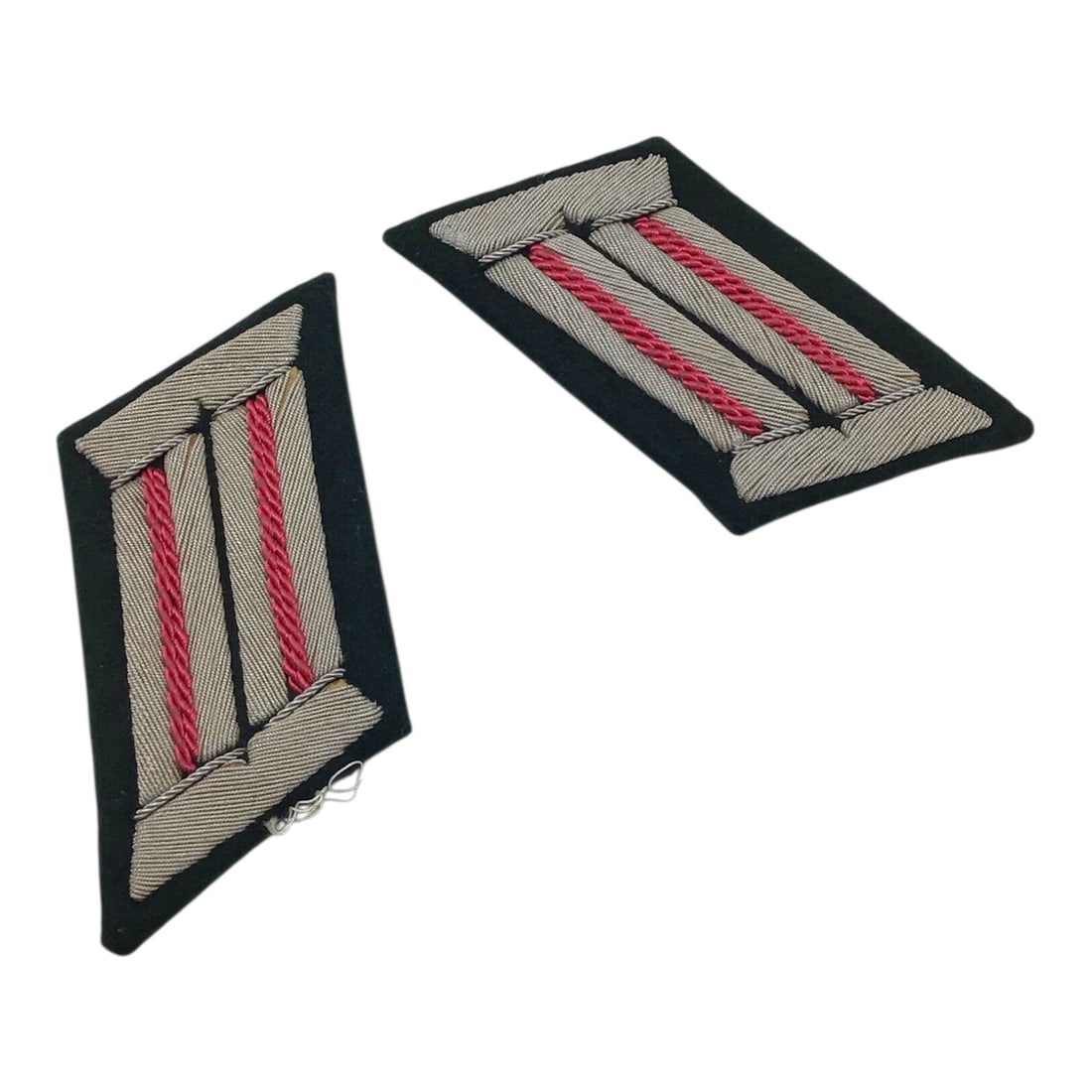 Rare SS Panzer Officer Collar Tabs Matching Set - Early War German WW2: This rare matching set of German WWII SS Panzer officer collar tabs is an early-war example hand embroidered in fine silver bullion on a black cloth background. The obverse cloth is in perfect unissue