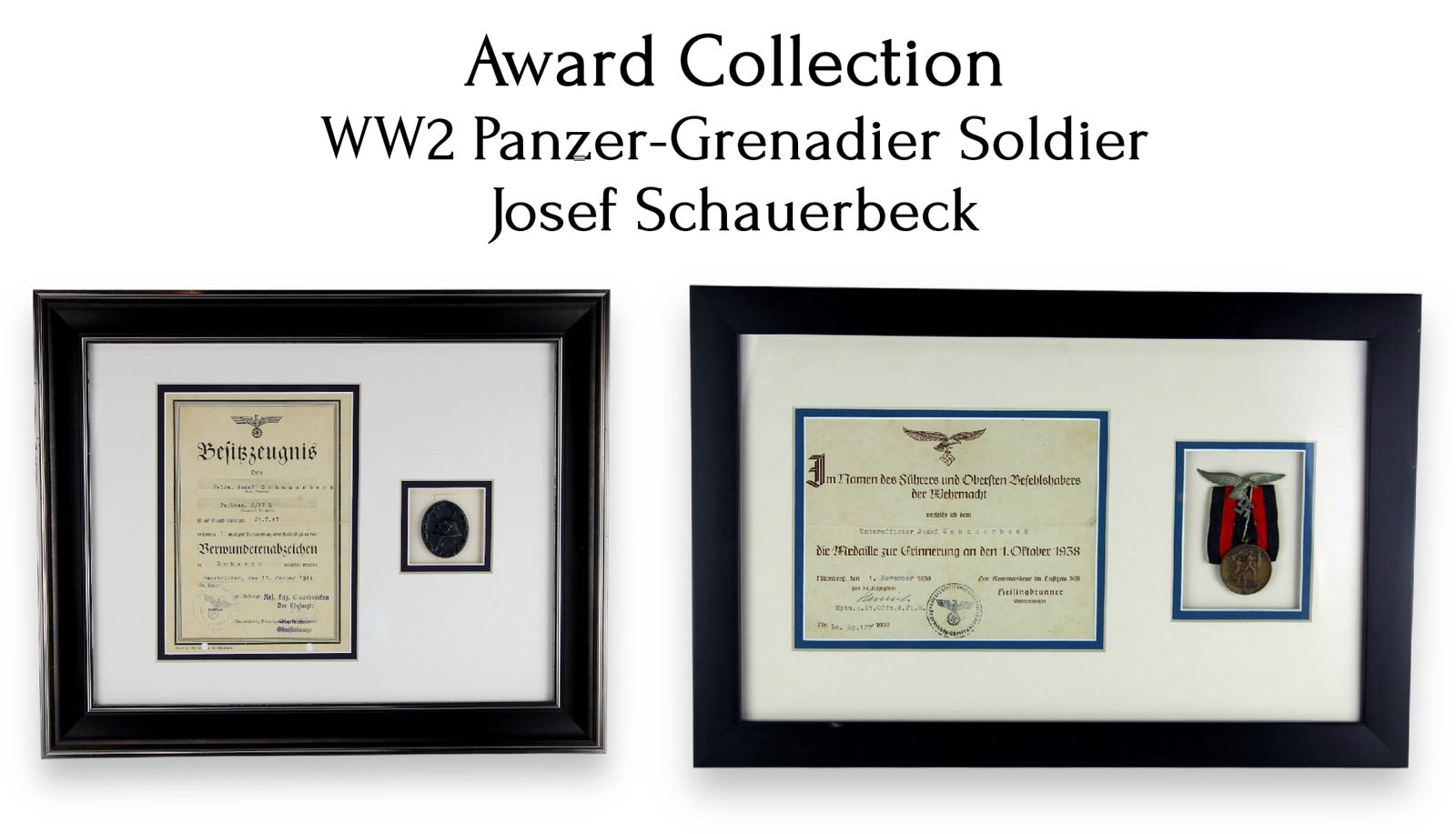 TWO German Awards & Medals Named to Feldwebel Josef Schauerbeck Luftwaffe & Panzer Grenadier Veteran: This exceptional and documented German World War II medal grouping is named to Feldwebel Josef Schauerbeck, a veteran whose military career uniquely spans service in the Luftwaffe and later as a Panze
