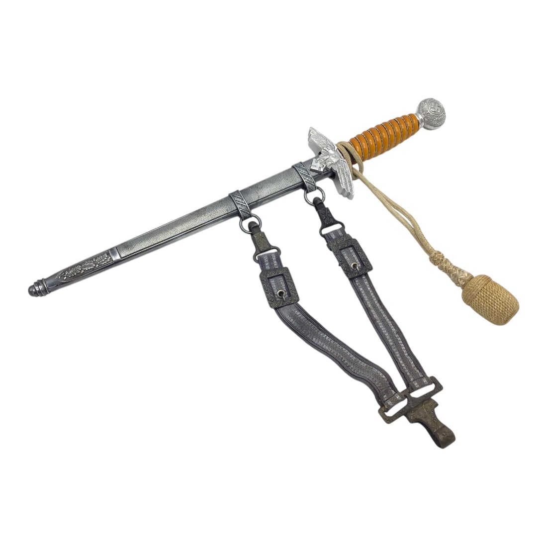 German WW2 Luftwaffe 2nd Pattern Dagger with Portapee and Hanger: This complete German WWII Luftwaffe 2nd Pattern dagger is an attractive late-war example retaining its original sheath, yellow knot portapee, and hanger. The dagger features intact aluminum fittings w