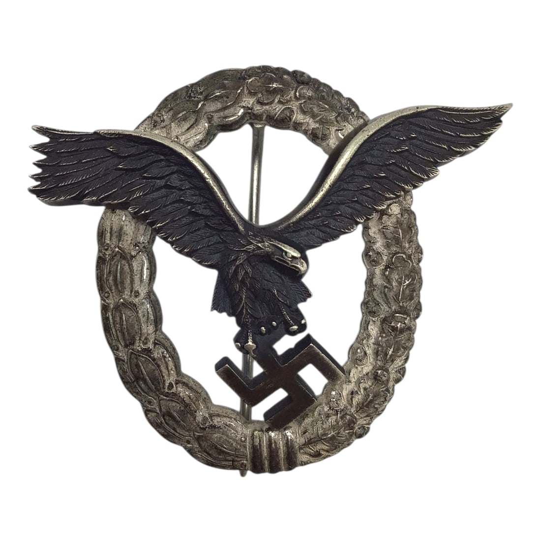 German WW2 Luftwaffe Pilot Badge Unmarked Original Wartime Example: This original German WWII Luftwaffe Pilot Badge is an unmarked wartime example exhibiting correct form, construction, and detail consistent with period manufacture. The badge displays strong definitio