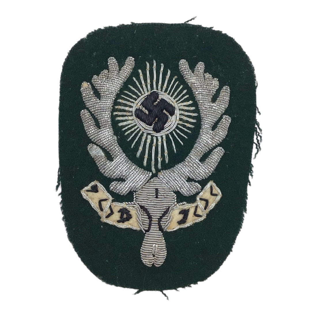 Rare Original German WW2 Deutsche Jagerschaft Bullion Sleeve Insignia: This very rare original German WWII Deutsche Jagerschaft sleeve insignia is a superb example of bullion-embroidered political and paramilitary symbolism from the Third Reich period. The Deutsche Jager