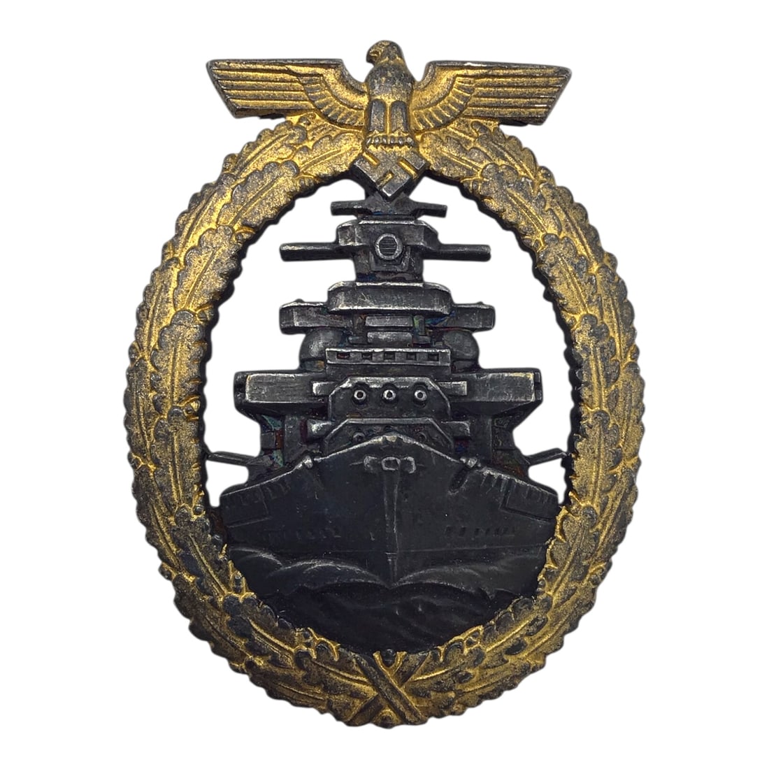 Kriegsmarine High Seas Fleet Badge - Marked RS&S by Richard Simmons & Sohne - German WW2 Award: This outstanding German WWII Kriegsmarine High Seas Fleet Badge is a maker-marked example by Richard Simm & Sohne (R.S.&S.), Gablonz. The badge is constructed from a die-struck zinc base with original