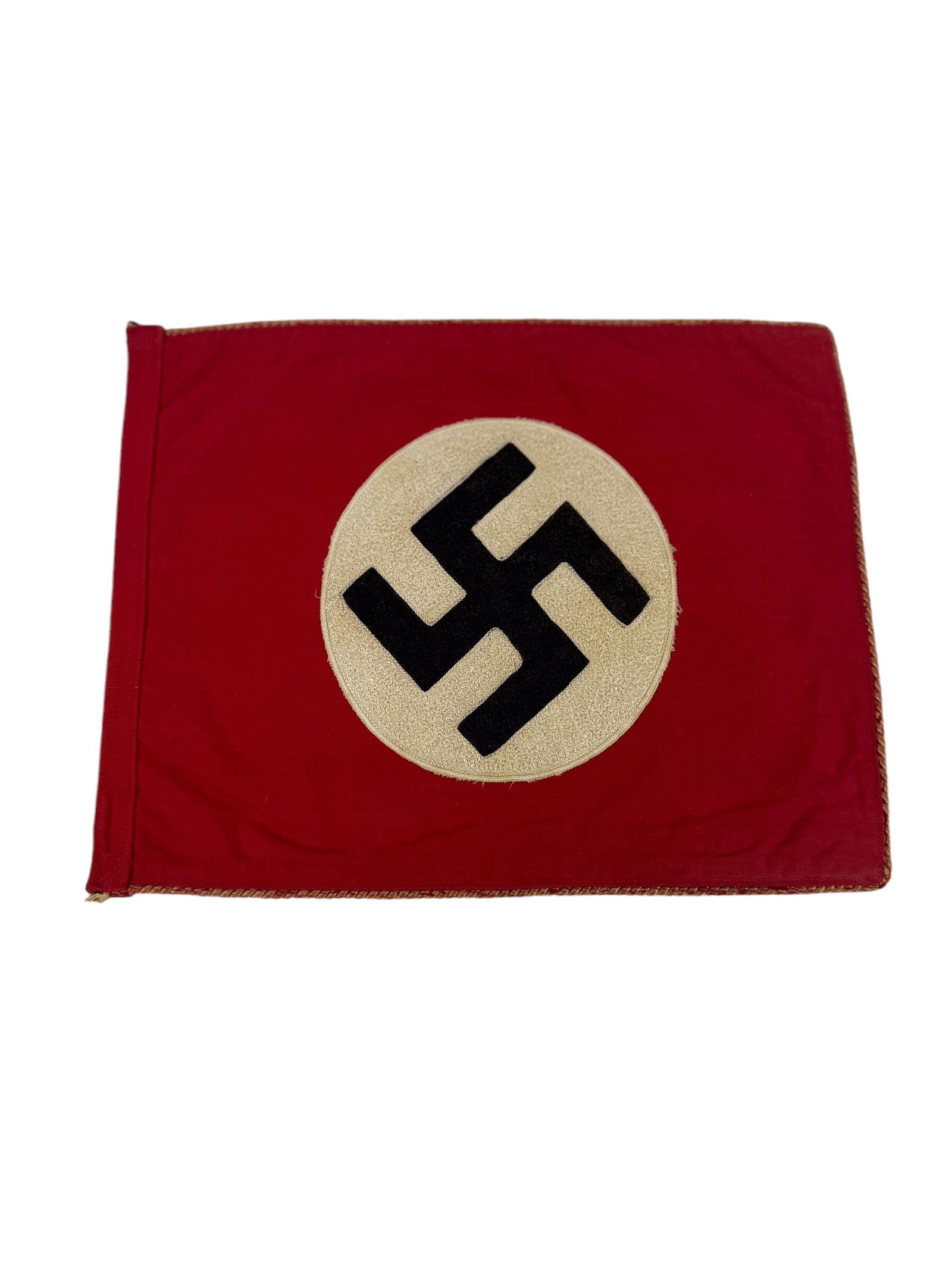 German NSDAP Party Flag "Whirl-Loop Embroidered" - German WW2: This is an exceptional example of a WWII NSDAP Party Flag, distinguished by its rare "Whirl-Loop Embroidered" construction. This small ceremonial flag features high-quality chain-stitched borders, a r