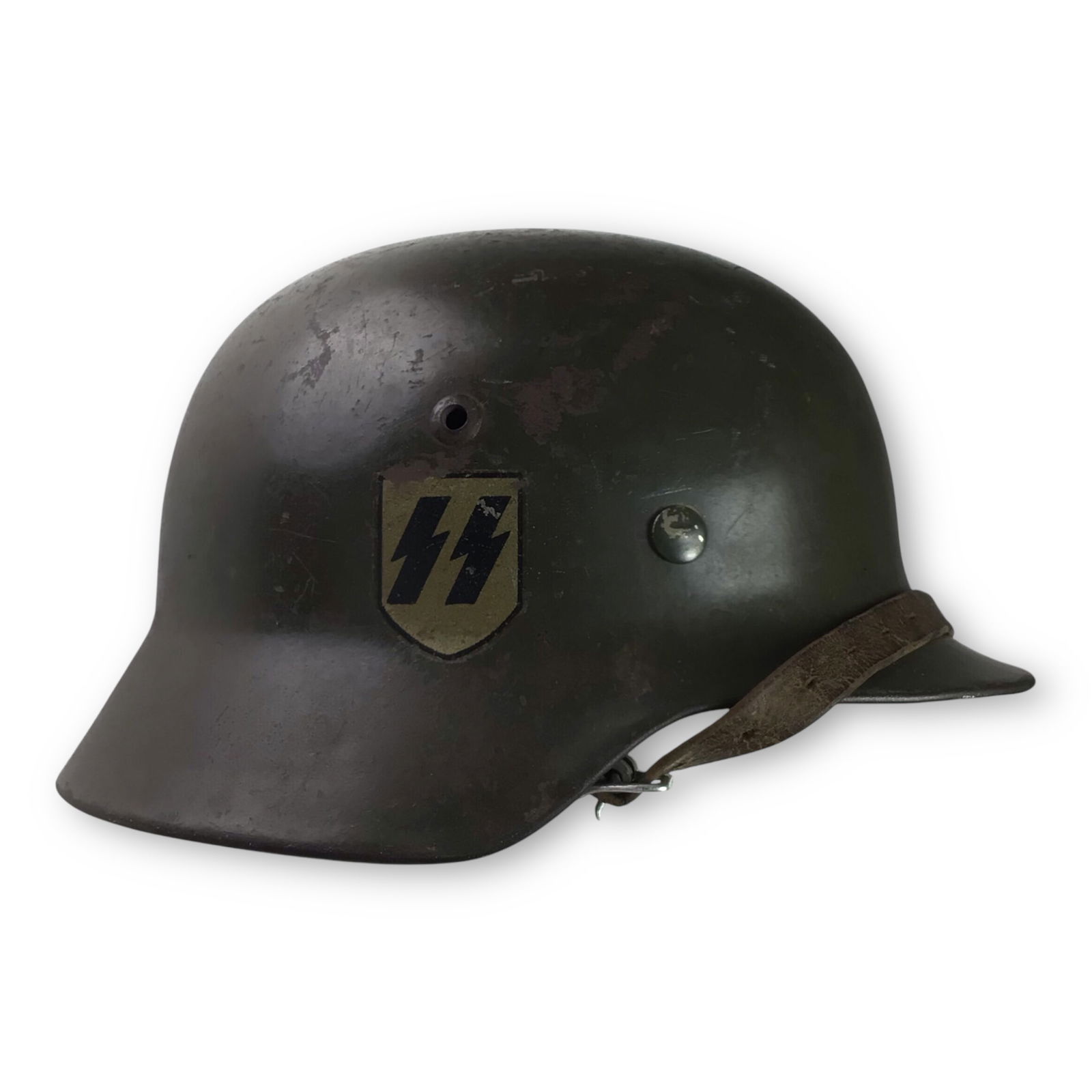 Waffen-SS M35 Double Decal Helmet ET64 - Rare Early Combat Issue | German WW2 Relic:  An extremely desirable early M35 Double Decal SS Helmet, a very rare surviving early example that would be a top shelf piece in virtually any collection. The exterior of this helmet retains an i