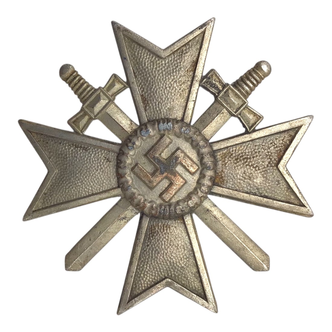 War Merit Cross First Class with Swords - German WW2 Award: This original German WWII War Merit Cross First Class with Swords is an unmarked example exhibiting excellent overall detail and honest, light wear consistent with period use. The cross retains sharp