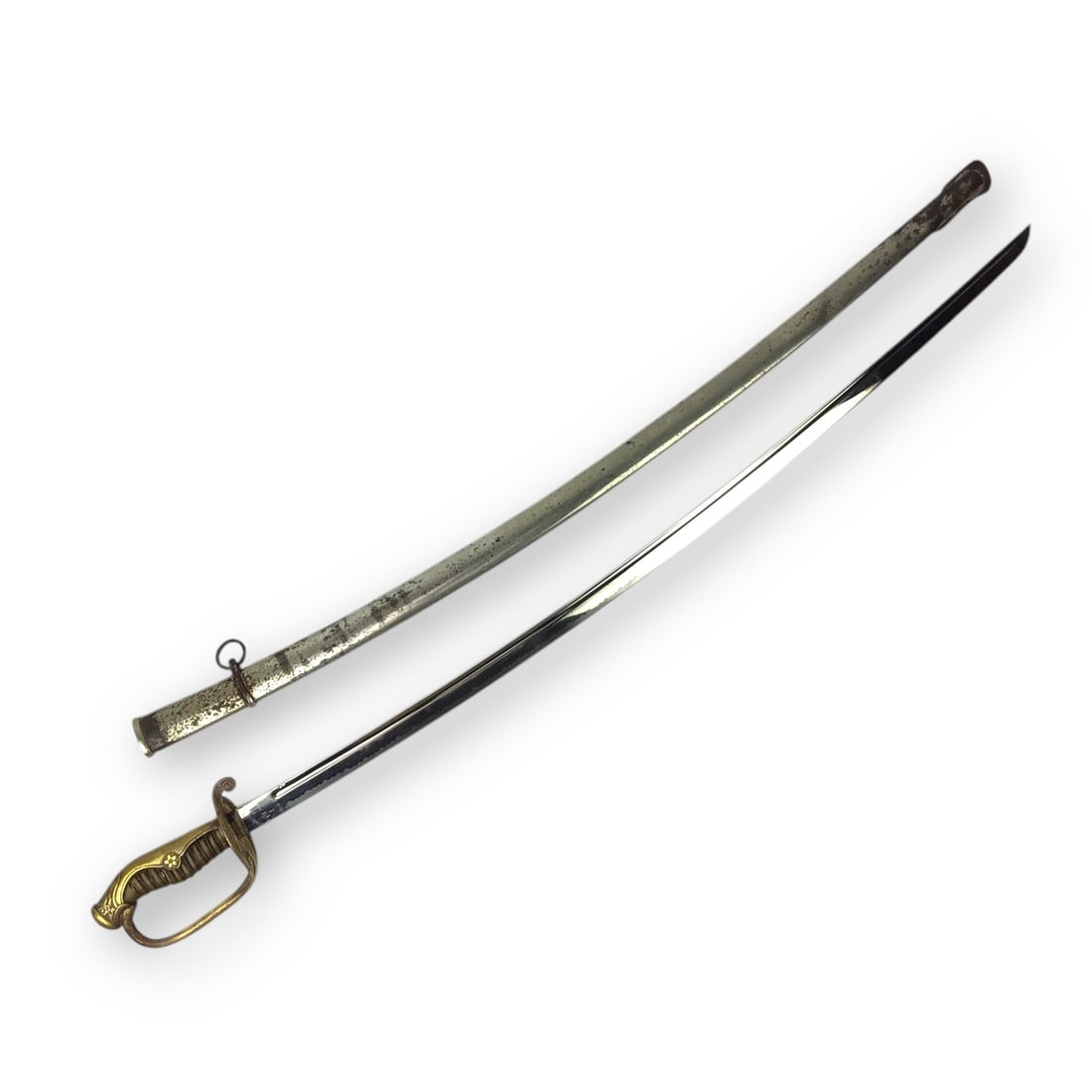Japanese WW2 Officer's Army Parade Sword with Tempered Blade and Sheath: This is a classic World War II-era Japanese Army officer's parade sword, featuring a tempered steel blade housed in its original metal scabbard. The blade shows signs of oxidation and service wear, wi