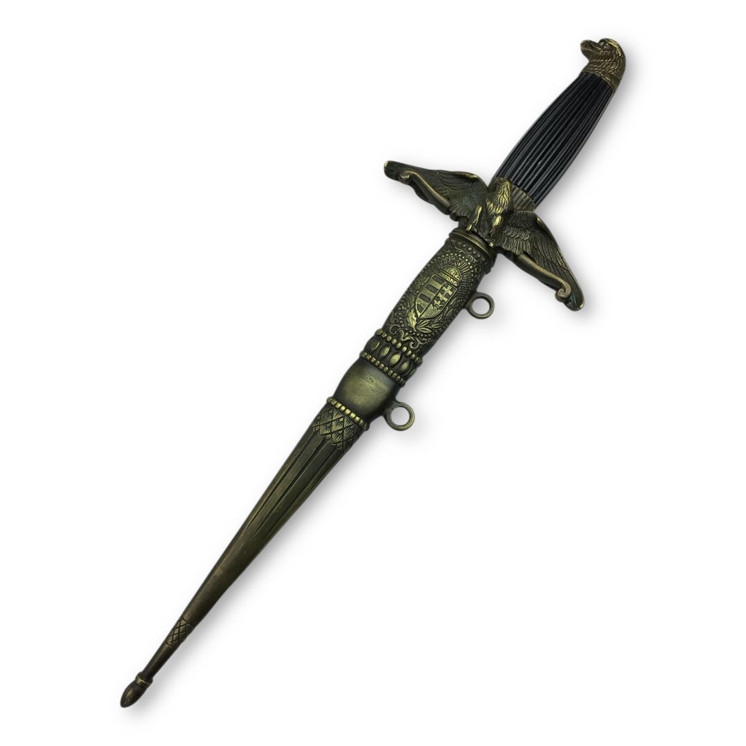 Hungarian WW2 1943 Air Force Parade Dagger - Named to Lt. Levente Bognar: This sublime and deeply personalized Hungarian WWII Air Force Parade Dagger is a named, 1943-dated example made by Mesz ros Lajos of Budapest. The dagger features a richly detailed silver-plated
