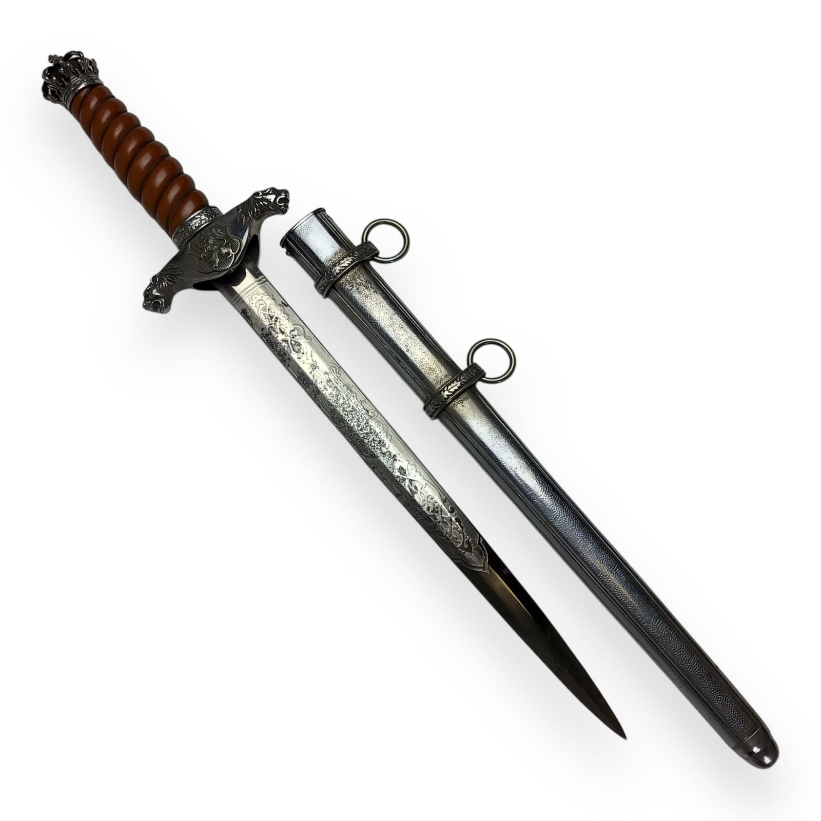 Bulgarian WW2 Royal Infantry Engraved Officer Dagger with sheath: This Bulgarian Royal Infantry Officer's Ceremonial Dagger features a high-quality, fully engraved blade and crown pommel. Issued to officers in the Bulgarian Army, a German-aligned force during the wa