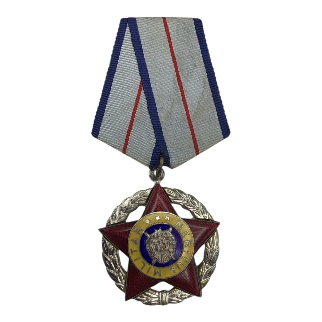 Romanian Socialist Republic Order of Military Merit (Ordinul Meritul Militar) Medal: This Romanian Socialist Republic Order of Military Merit (Ordinul Meritul Militar) is an official Cold War-era military decoration instituted in 1954 to reward long, faithful, and meritorious service