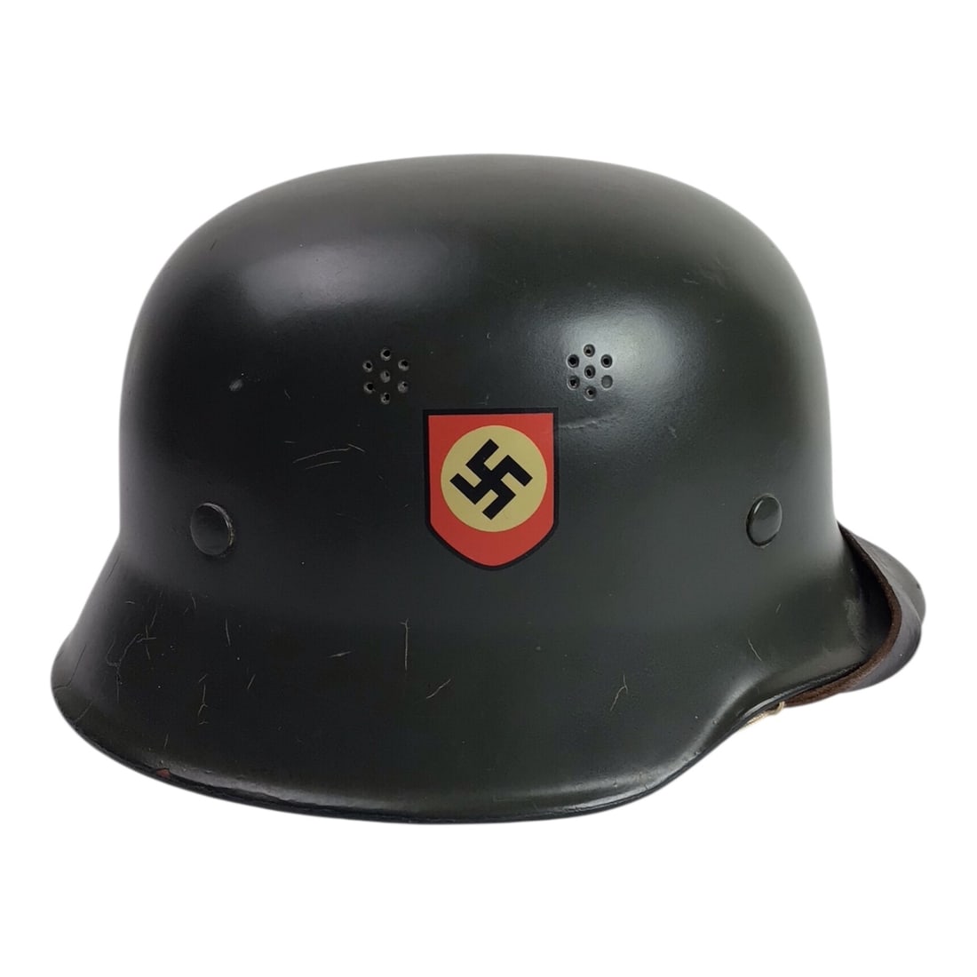 Cold War German Red Cross D.R.K. M34 Double Decal Combat Helmet - Civilian Decals Post War: This intriguing German Deutsche Rotes Kreuz (D.R.K.) M34 civilian steel helmet is a post-war produced example that was later embellished with period-style insignia, creating a striking display piece t