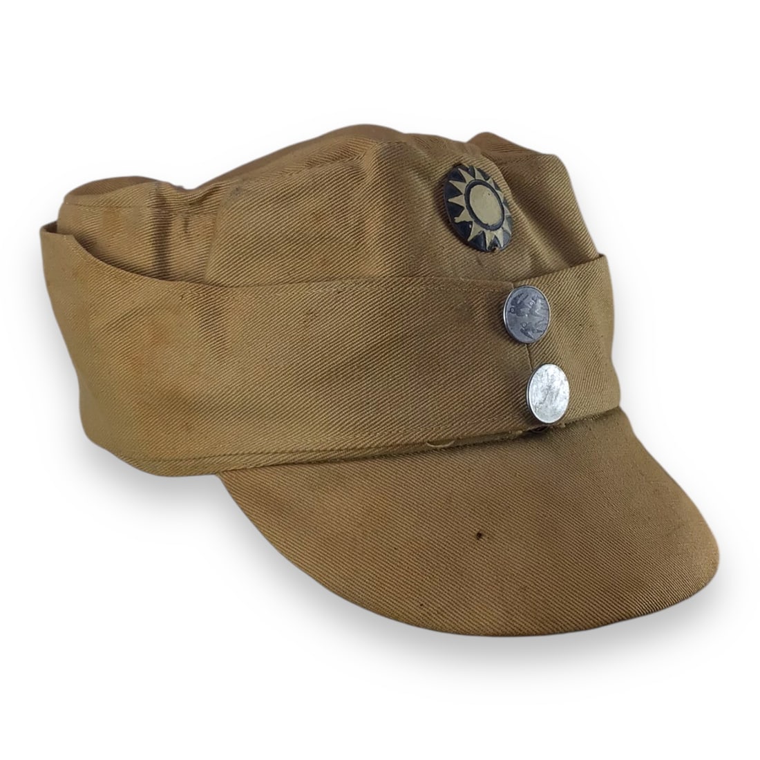 Chinese Nationalist Army "M-43"? Field Cap with Sun Emblem | WW2 Era: This WWII-era Chinese Nationalist Army "M-43"? field cap is a well-preserved example of wartime headgear influenced by European military design. Constructed in khaki-brown cotton, the cap follows the