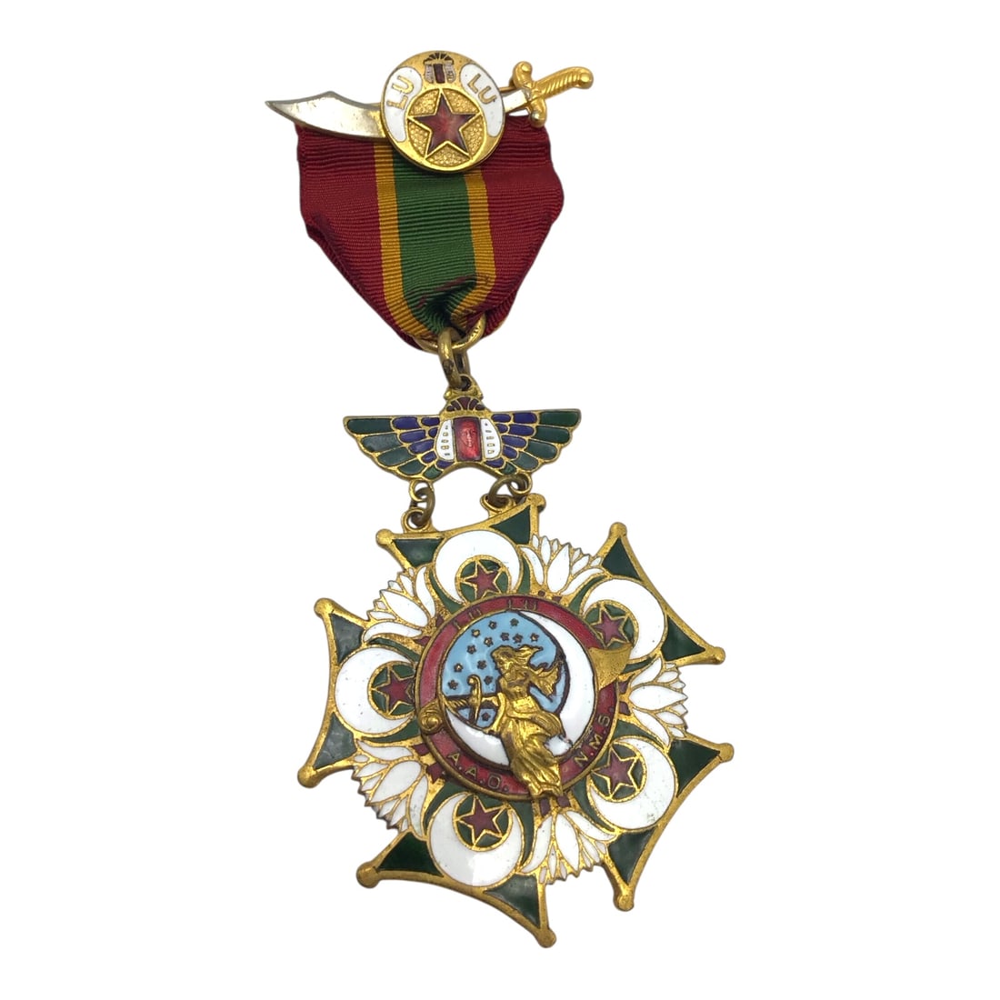 Antique Masonic Freemasonry Lulu Woman's Crescent Moon Badge / Ribbon Pin: This striking early 20th century Masonic Lulu Woman pendant badge is associated with the Ancient Arabic Order of the Nobles of the Mystic Shrine and features vibrant multi-color enameling in green, co