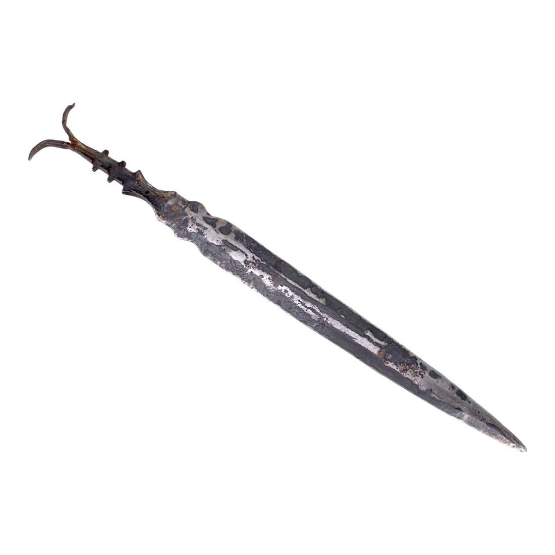 Excavated Ancient Scythian Iron Akinakes Short Sword Dagger, 5th Century B.C.: This ancient Scythian iron akinakes short sword dagger is a rare early example dating circa the 5th century B.C., preserved in excavated but solid condition. The weapon measures approximately 19 3/4 i