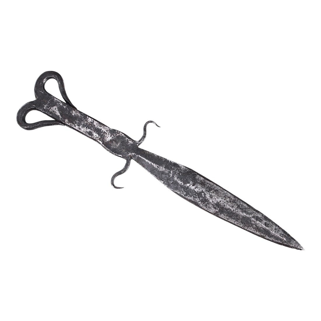 Ancient Scythian Iron Akinakes Dagger, Rare Form, One-Piece Construct, 5th Century B.C.: This ancient Scythian iron akinakes dagger is a rare and impressive weapon form, likely dating to around the 5th century B.C.. Forged in one piece, the dagger features a distinctive eared pommel, eleg