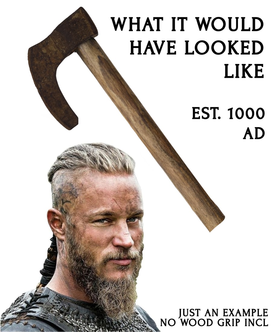 Scandinavian Viking Warrior Bearded Battle Axe Head Est. 1000 AD Excavated: An exceptional Viking Battle Axe Head, dating back to circa 1000 AD, once wielded by a Scandinavian warrior. The curved bearded blade exemplifies the advanced craftsmanship of Viking blacksmiths,