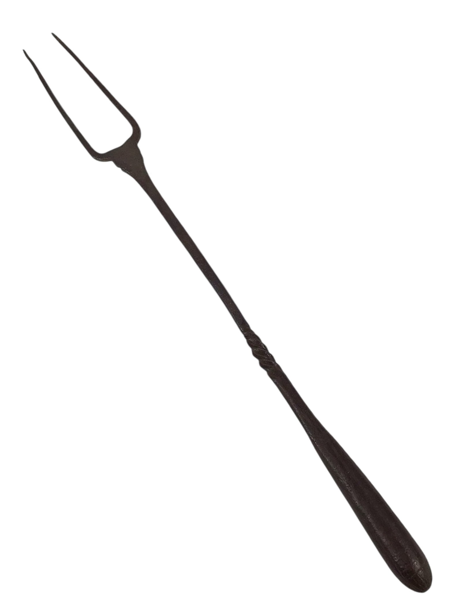 Medieval Iron Meat Fork with Struck Maker’s Mark, Twisted & Chiseled Work (English, French, or: This super cool medieval era large iron meat fork is likely English, French, or German and measures approximately 18 1/4 inches overall, with the head measuring approximately 1 3/4 inches wide. Th