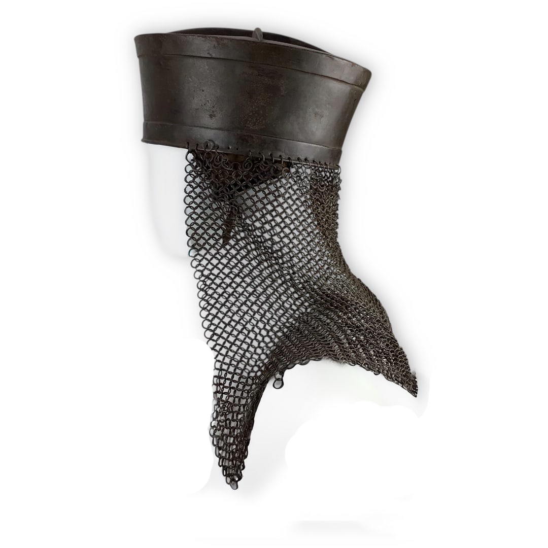 14th Century Pot Helm with Chainmail Neck Protection - Norman or Persian Influence: This impressive 14th-century pot-style helmet features an integrated chainmail aventail and exhibits characteristics influenced by both Norman and Middle Eastern (Persian) design traditions. The round