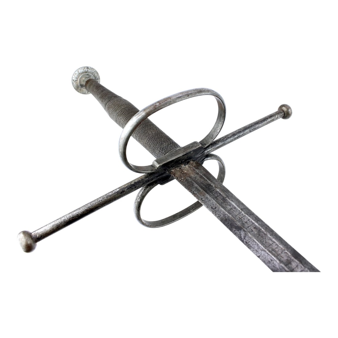 Spanish Conquistador Two-Handed Battle Sword with Double-Ring Guard & Latin Mottoes: This impressive Spanish Conquistador-style two-handed battle sword is a large and visually commanding weapon of seldom encountered pattern, featuring a massive double-ring guard, a very long iron wire