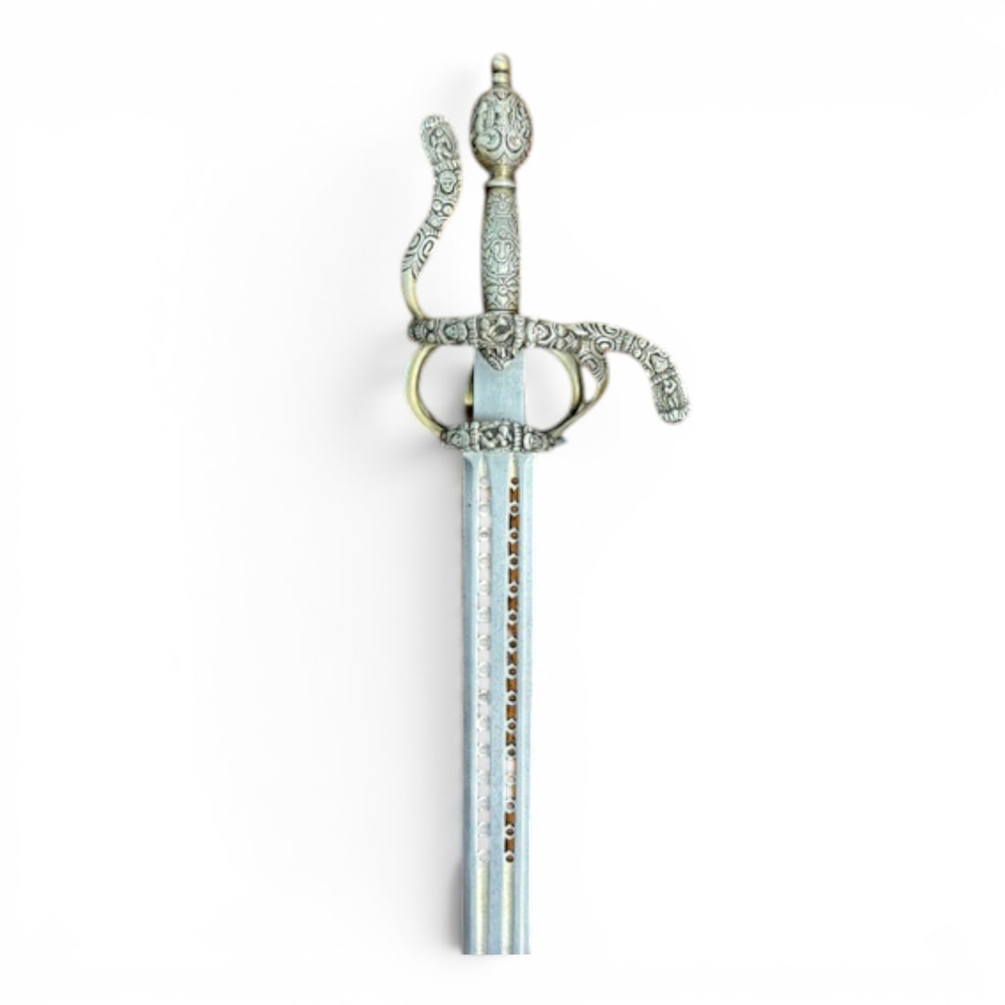 Magnificent Solid Silver-Hilted Victorian Sword After Philip II of Spain, Circa 1590: This magnificent Victorian solid silver-hilted sword is presented in the style of the royal sword associated with Philip II of Spain, known as El Prudente, or “The Prudent,” and reflects the