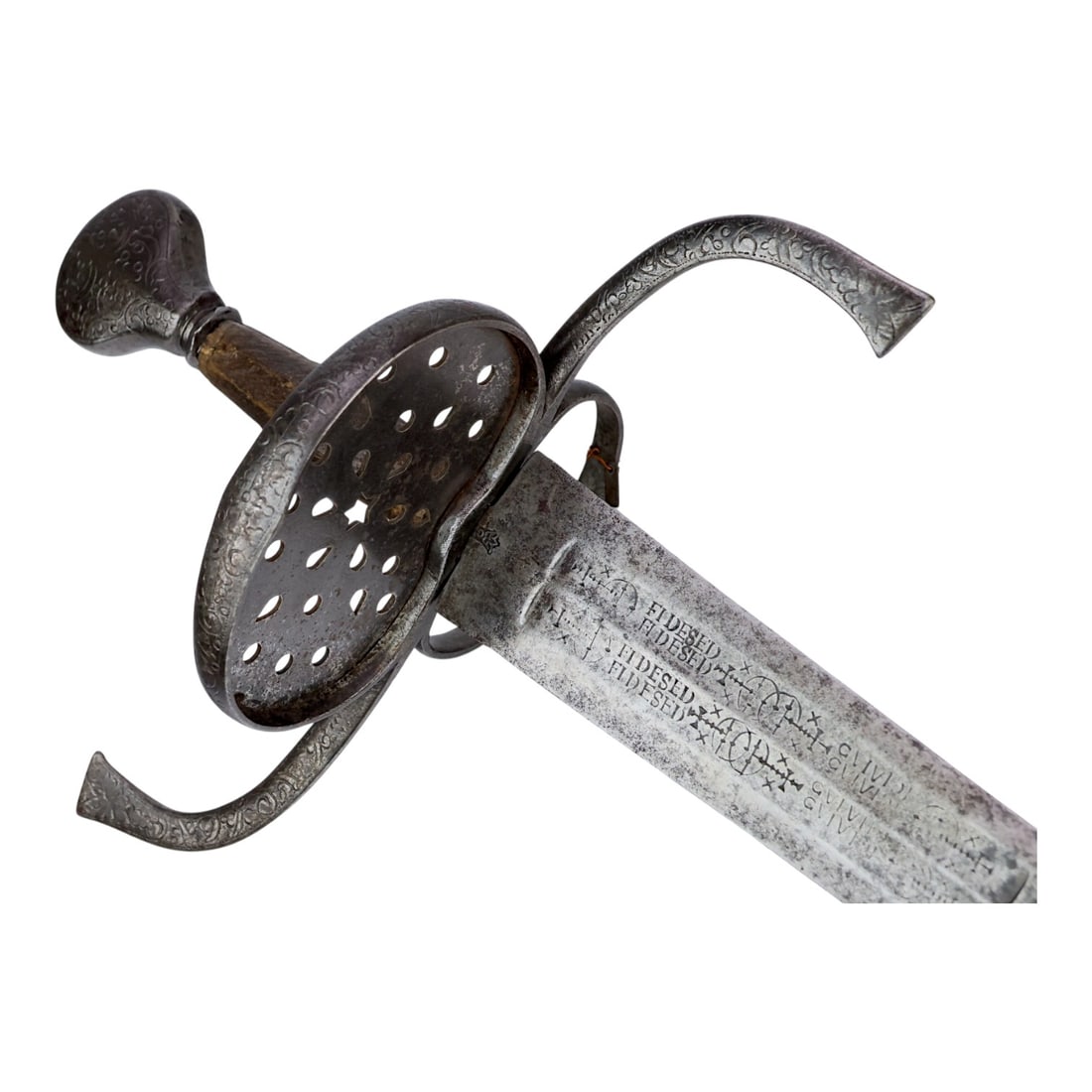 German or North European Decorated Double-Edged Sword c.1620 with Solingen Mark & Museum Number: This exceptionally elegant German double-edged sword dates circa 1620 and measures approximately 111 cm in length. The sword features an etched hilt and decorated blade with the inscription