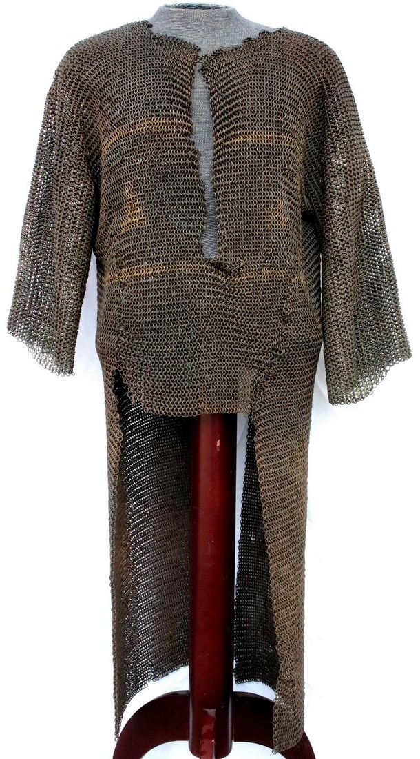 Full Length Armor - Victorian era Chainmail Dress for a 16th-17th C. Knight's Suit of Armor.: This Victorian era full-length chainmail shirt was made for display with a 16th to 17th-century knight’s suit of armor and is constructed with thick steel rings, giving it a notably heavy and substa