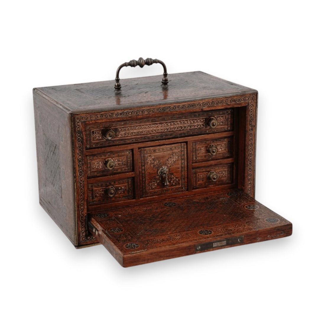 16th-17th C. Iberian Mudejar Walnut Bargueno with Silver & Brass Inlay: This elegant small walnut Iberian bargueno chest with silver and gilt-brass inlay is possibly from an Aragon workshop and dates to the 16th to 17th century. The refined Mudejar wooden chest is dec