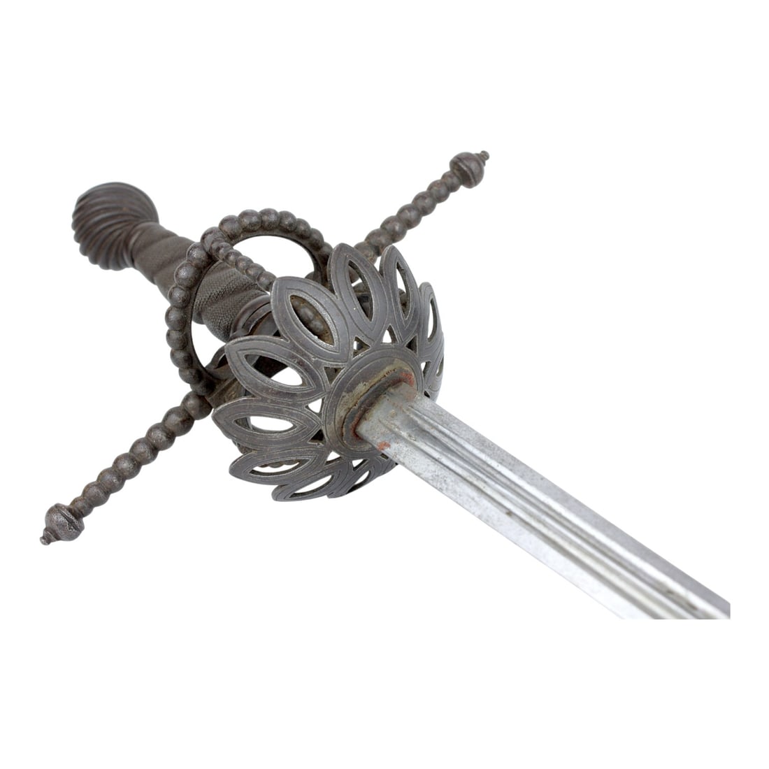 French Musketeer Type Rapier with BF Maker Marked Double-Fullered Blade: This extremely attractive French Musketeer type rapier sword features a strong and sturdy double-fullered blade maker marked BF on the tang. The sword is mounted with a very distinctive iron hilt