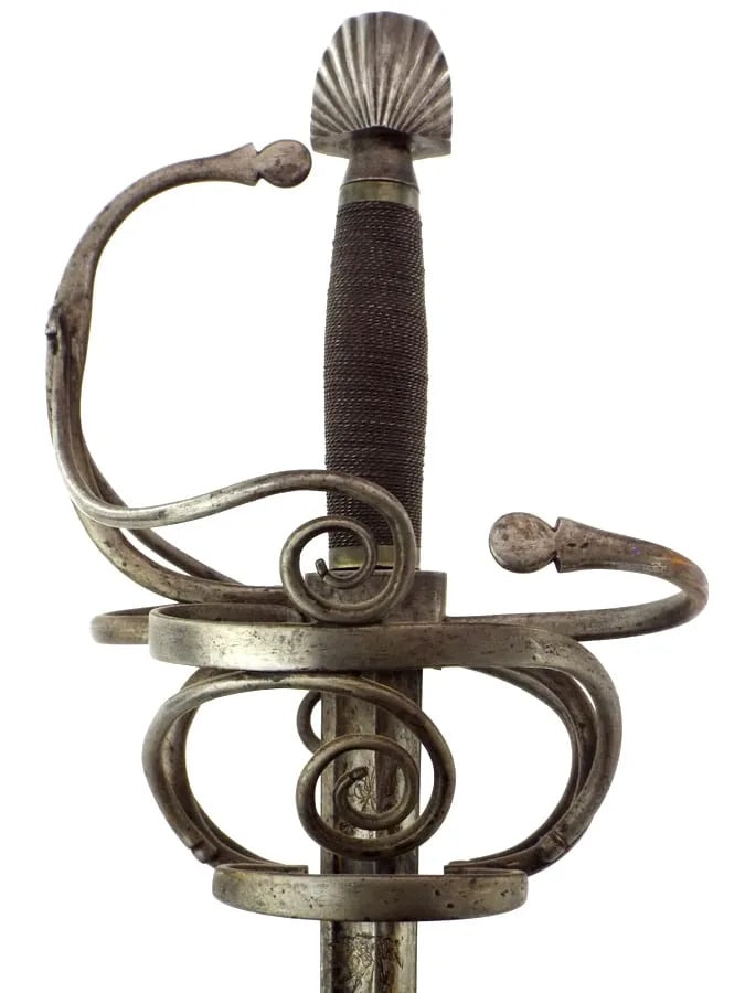 Beautiful French Swept-Hilt Rapier Sword 17C style with Edged & Etched Blade and Military: A masterfully executed 17th-century French swept-hilt rapier, distinguished by its elegant proportions and extraordinary decorative preservation. The single-edged, double-fullered blade retains except