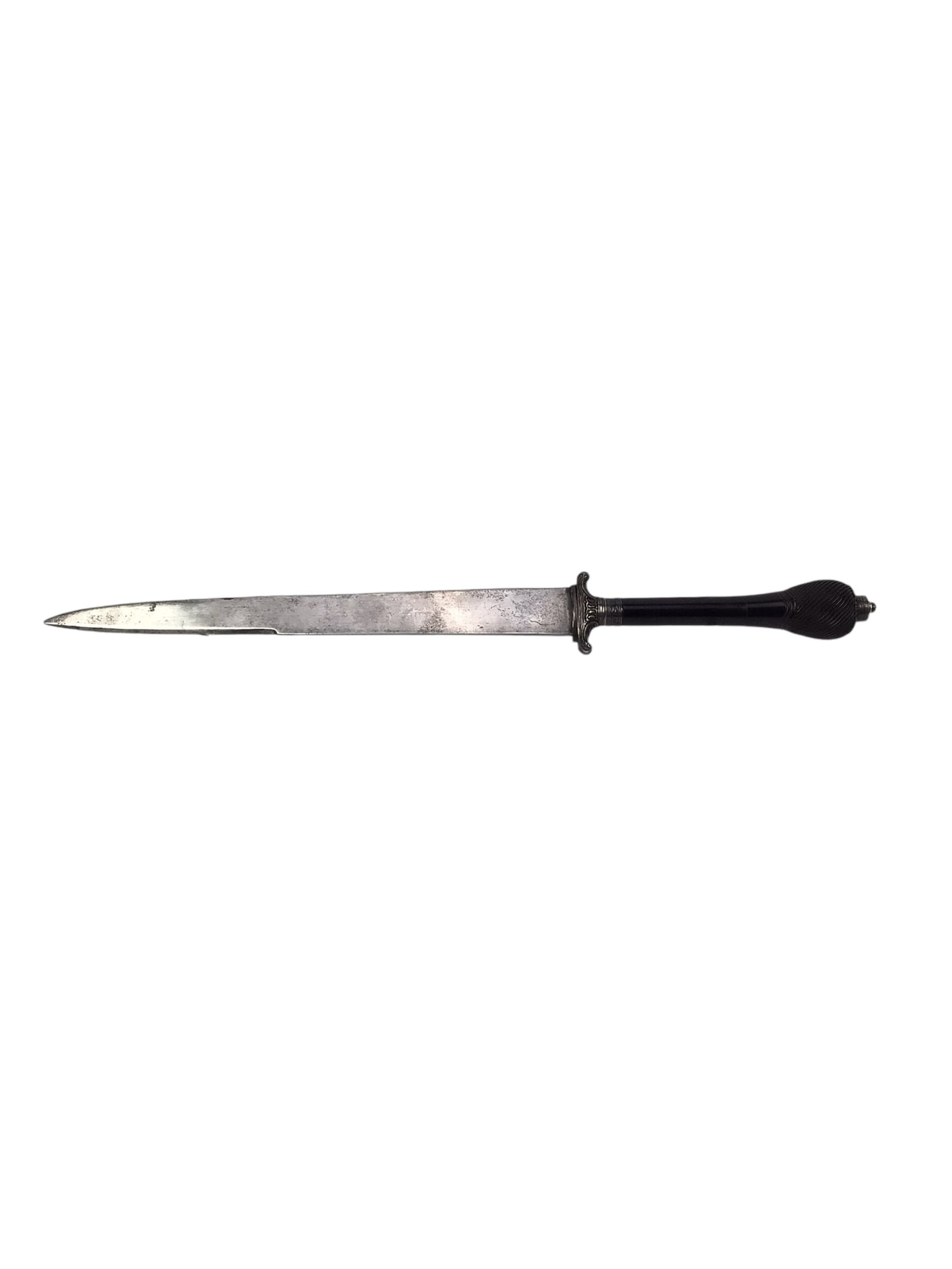 Rare European Renaissance 17th C French Silver Dagger Reversible Mounted Plug Bayonet: This late 17th-century French Plug Bayonet is a rare and innovative weapon of its era, designed to function as both a bayonet and a dagger. The handle features a threaded tang, allowing it to be <