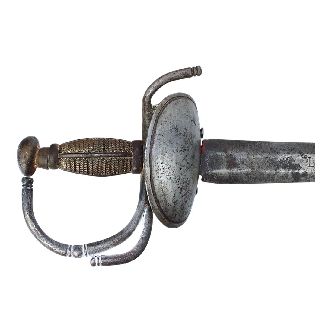German Prototype Spanish Model 1728 Bilbo Cavalry Sword with Solingen Blade: This German prototype or predecessor to the Spanish Model 1728 Bilbo cavalry sword is an important early military sword with a German-inscribed blade. The sword relates to the famous Spanish Fernando 