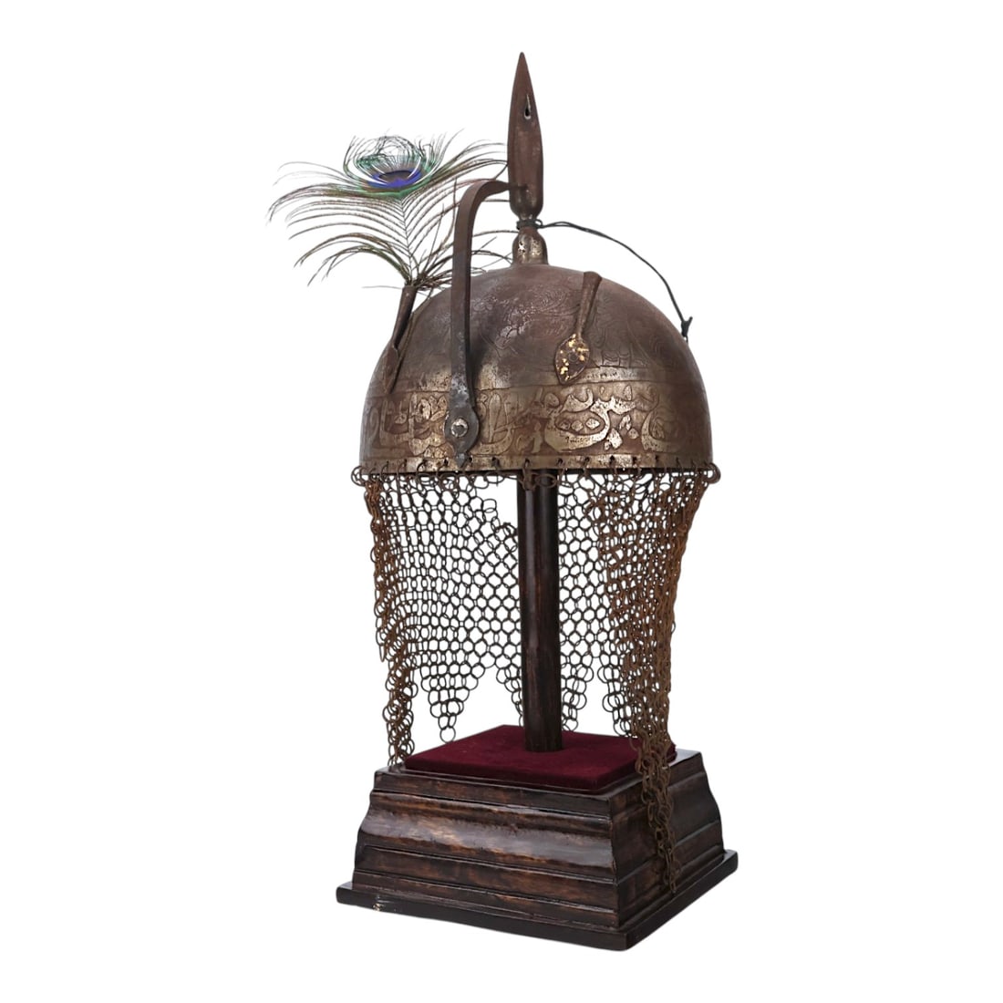 Indo-Persian Kulah Khud Helmet with Script, Aventail and Peacock Feather (1 of 11)
