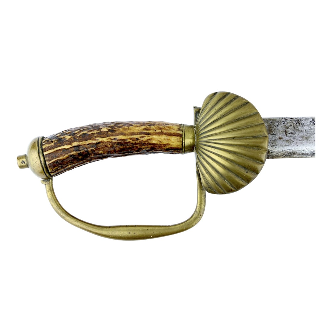 c.1740-1760 Hunting Hanger Sword with Antler Grip, Clamshell Guard & Frederick FR Stamp: This antique hunting hanger sword dates circa 1740-1760 and features a polished antler grip, iron pommel, knuckle bow, and clamshell guard with engraved linear decoration across the convex surface. Th