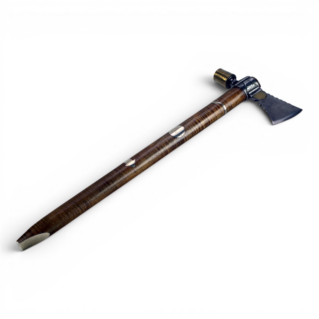 William Buchele Presentation Pipe Tomahawk with Silver Inlay, Barlow Collection: This fine presentation pipe tomahawk was made circa the mid-20th century by noted American craftsman William Buchele, author of Recreating the American Longrifle. Styled after mid-to-late 18th-century