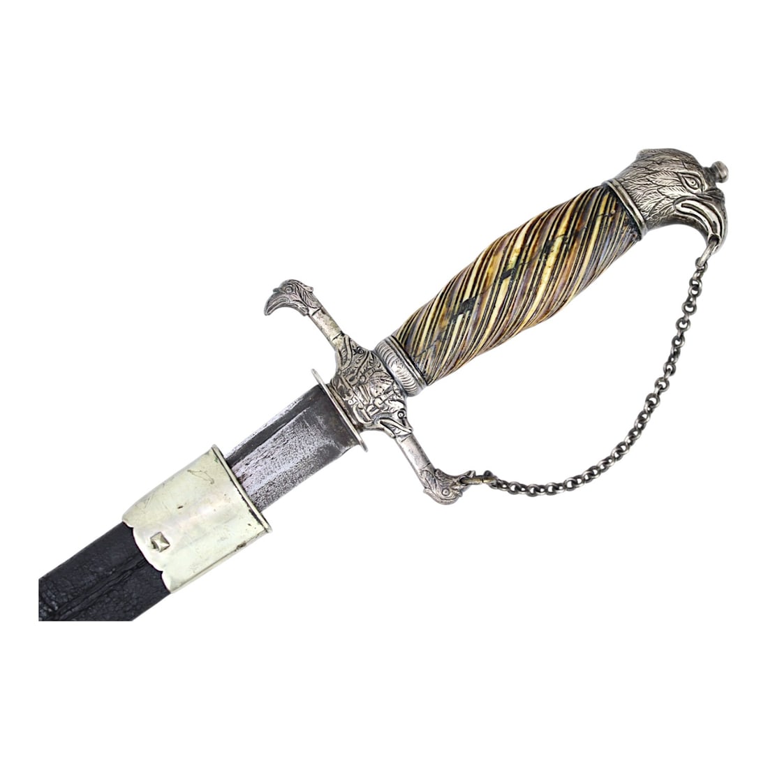 American Revolutionary War Silver Hilt Baltimore Eagle Head Naval Hanger, 1777-1783: This exceptional American Revolutionary War silver hilt Baltimore eagle head officer’s naval hanger sword dates circa 1777 to 1783 and represents one of the rarest forms of American Revolutionary ed