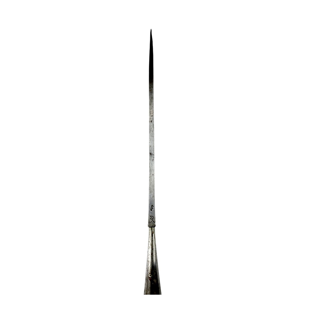American Revolution War Era Naval Pike Pilum Style Spear w Heavy Tapered Blade| Rare 18th C. Variant: This American Revolutionary War era 18th-century naval pike or pilum-style spear is a rare and highly distinctive polearm variant with a heavy tapered blade. The head measures approximately 20 1/2 inc